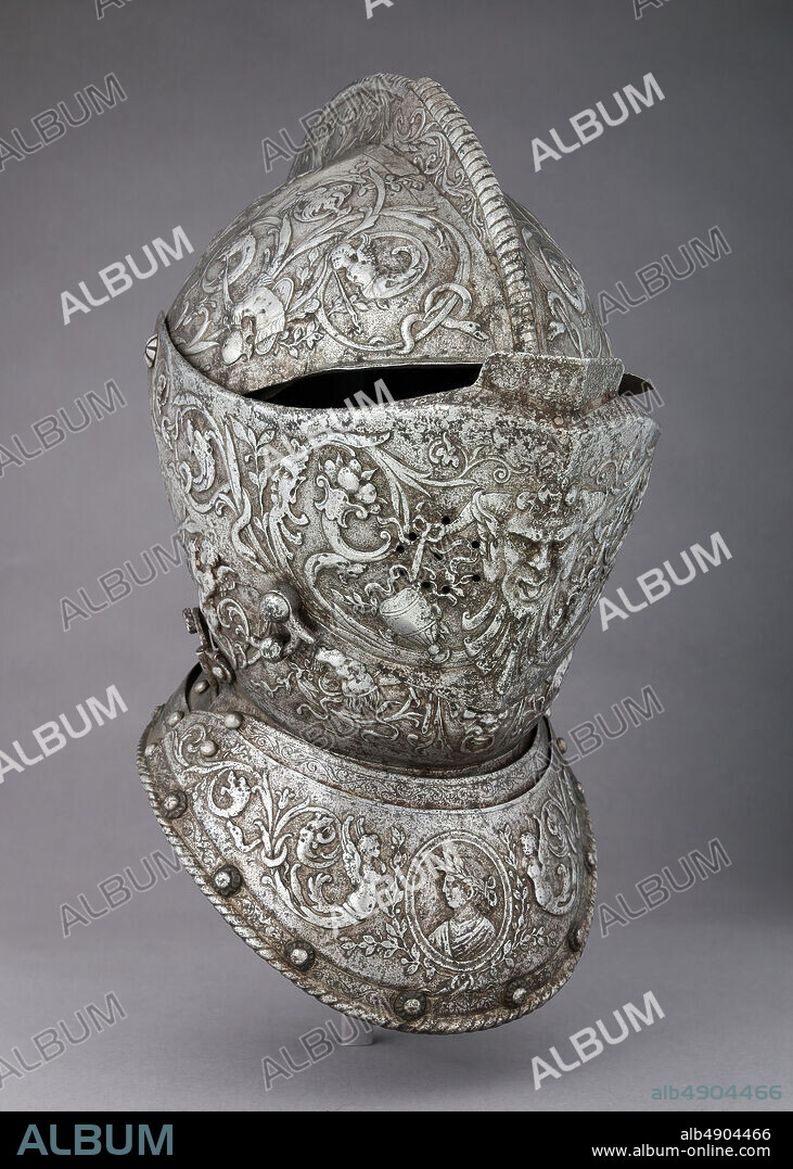 Armet, French, ca. 1575; embossed decoration, probably 18th19th century, French, Steel, brass, H. 15 1/2 in. (39.4 cm); W. 8 5/16 in. (21.1 cm); D. 12 1/2 in. (31.8 cm); Wt. 5 lb. 8 oz. (2500 g), Helmets.