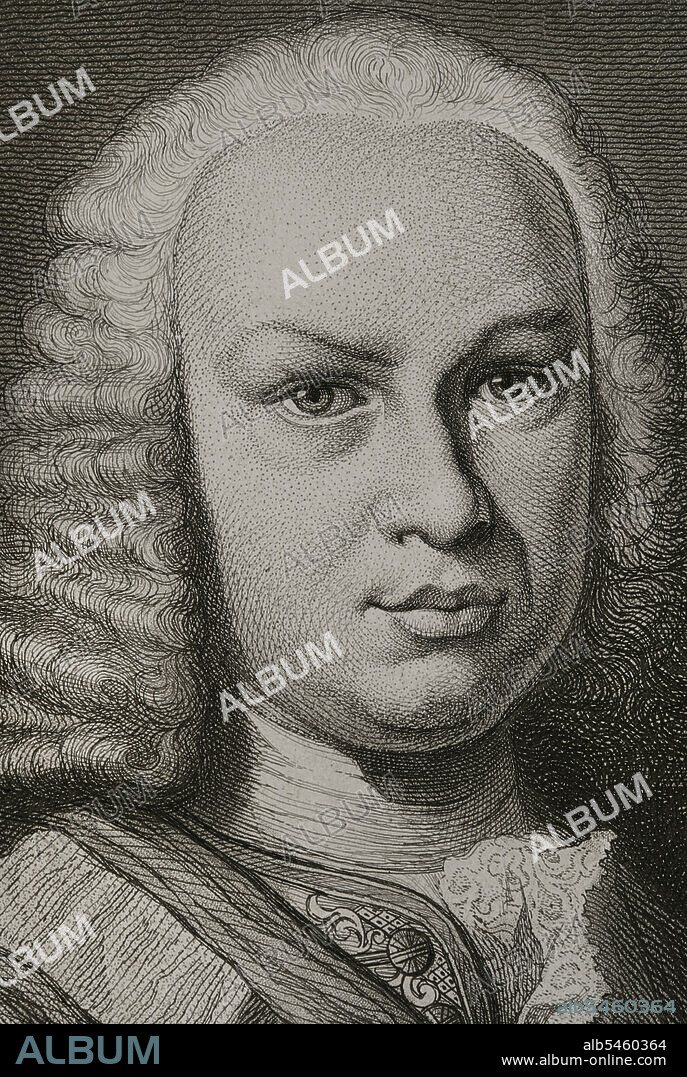 ANTOINE MASSON (1636-1700). FRENCH ARTIST.. Fernando VI (1713-1759). Rey de España (1746-1759). Dinastía Borbón. Retrato. Grabado por Masson. Litografiado por Magín Pujadas. Detalle. Historia General de España, por Modesto Lafuente. Tomo IV. Publicado en Barcelona, 1879.