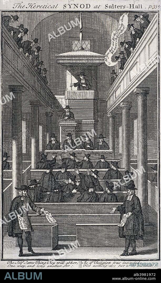 The heretical synod at Salters' Hall Chapel for Protestant Dissenters, St Swithin's Lane, London, 1720, with figures seated in the pews and the pulpit and more standing in the gallery.