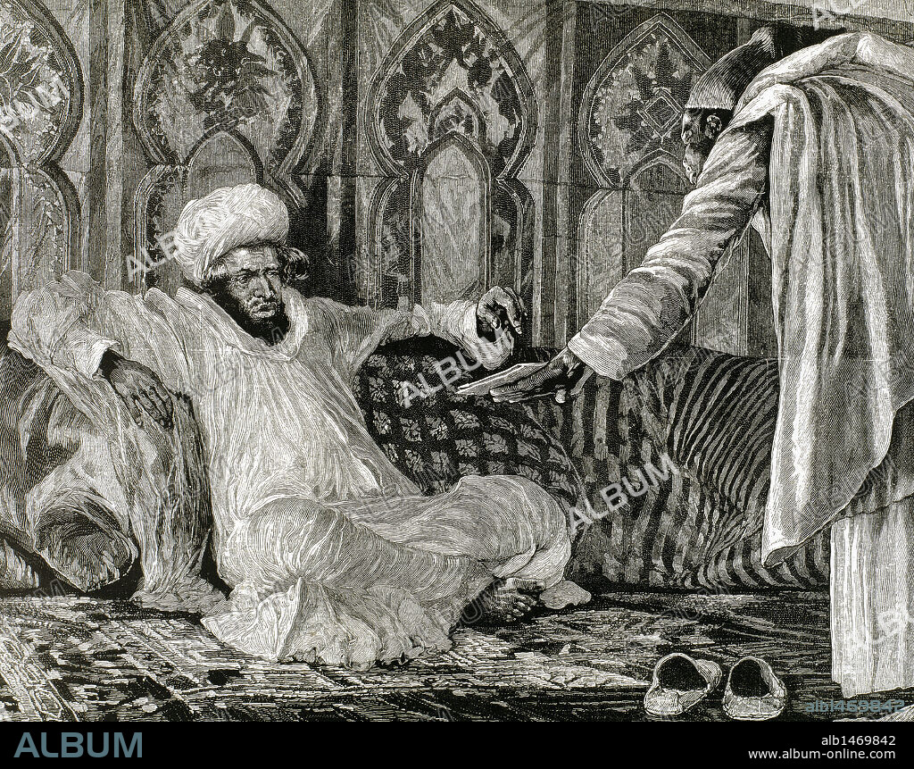 RICHARD CATON WOODVILLE II. HASSAN I (1836-1894). Sultán de Marruecos entre 1873 y 1894, miembro de la Dinastía Alauí. 'El sultán recibiendo un despacho'. Grabado de R. Caton Woodville. S. XIX.