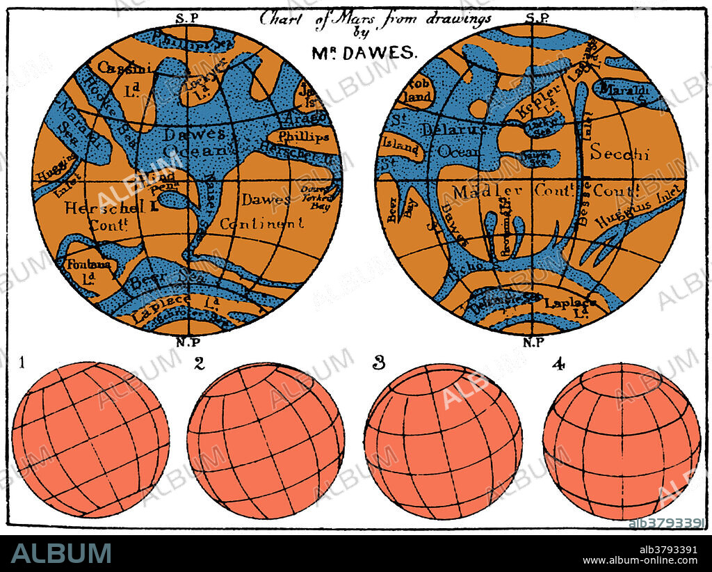 Colour enhanced Mars Map, Stereographic Projection. Richard Anthony Proctor (March 23, 1837 - September 12, 1888) was an English astronomer. He is best remembered for having produced one of the earliest maps of Mars in 1867 from 27 drawings by the English observer William Rutter Dawes. Proctor earned a scholarship at St John's College, Cambridge. His first book Saturn and its System was published in 1865. He became quite popular, and his numerous works had a wide influence in familiarizing the public with the main facts of astronomy. He became a regular contributor to The Intellectual Observer, Chambers Journal and the Popular Science Review. His largest and most ambitious work, Old and New Astronomy, left unfinished at his death, was completed by Arthur Cowper Ranyard and published in 1892. He settled in America some time after his second marriage in 1881, and died of yellow fever in 1888.