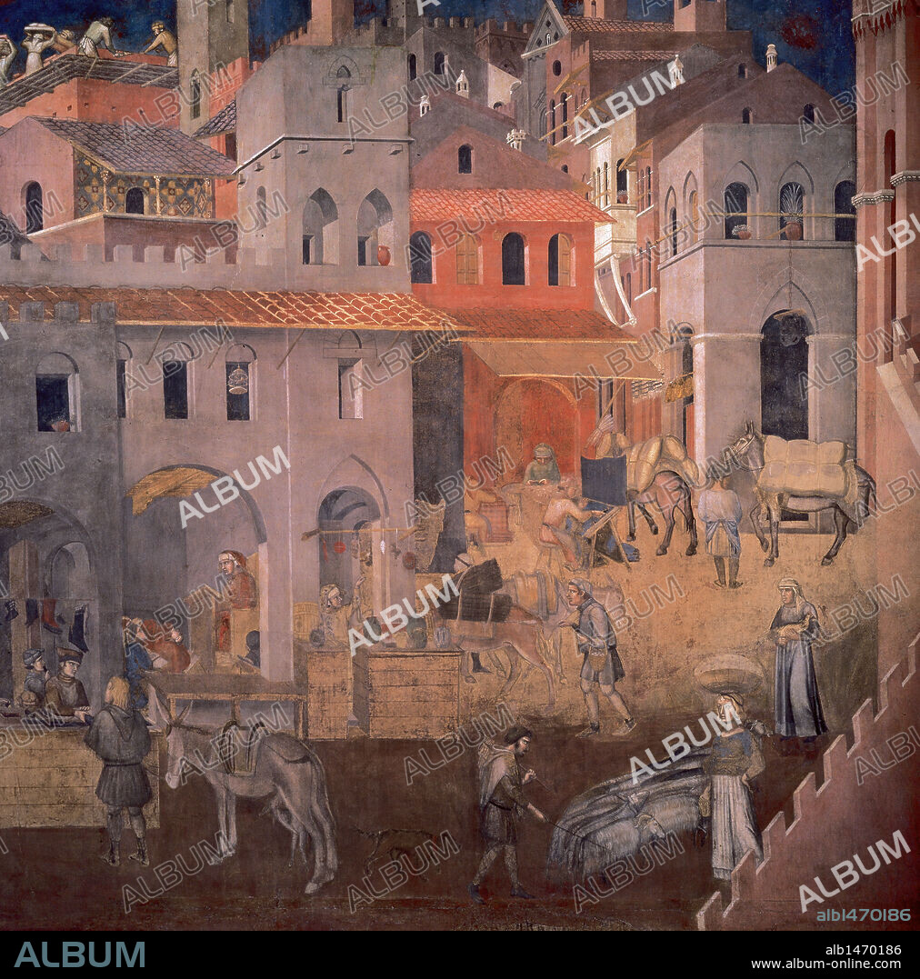 Ambrogio Lorenzetti (1280-1348). Effects of Good Government in the city. Fresco. Detail. Merchants in the walled city of Siena.