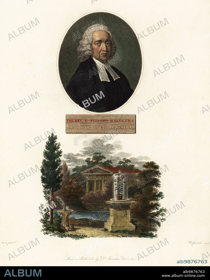 Oval portrait of Reverend Dr. Stephen Hales, FRS, natural philosopher, botanist, chemist and inventor, author of Vegetable Staticks, 1677-1761. Engraving by William Hopwood after a portrait by Thomas Hudson, RA. Garden landscape with his inventions using a bell jar and pneumatic trough for scientific experiments on plant physiology and transpiration in plants. Handcoloured copperplate stipple engraving from Dr. Robert John Thorntons New Illustration of the Sexual System of Carolus von Linnaeus, the Temple of Flora, London, 1800.