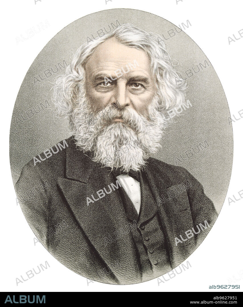 ANON. Henry Wadsworth Longfellow, American poet and teacher, c1880. Born in Portland, Maine, Longfellow (1807-1882) is popularly remembered today for his poem Paul Revere's Ride (1863) and his long narrative poems 'The Song of Hiawatha and The Courtship of Miles Standish (1858). From The Modern Portrait Gallery published by Cassell, Petter and Galpin. (London, c1880).