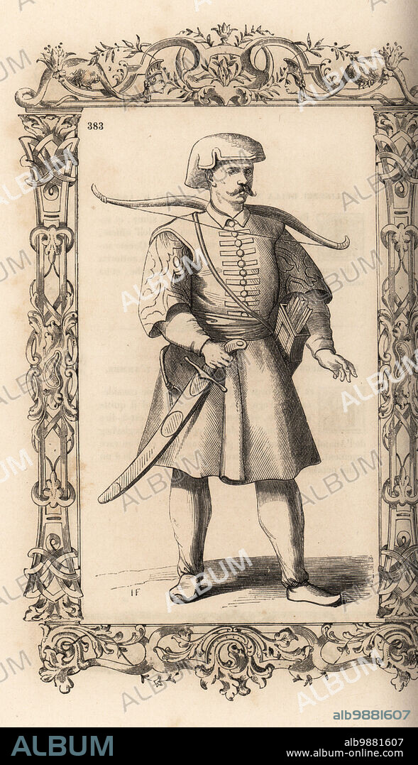 Azap or Azab, galley archer of the Ottoman Empire, 16th century. In short-sleeved dolman coat and matching cap, with scimitar, bow and quiver of arrows. Azapes, Archers de Galere. Within a decorative frame engraved by H. Catenacci and Fellmann. Woodblock engraving by Gerard Seguin and E.F. Huyot after a woodcut by Christoph Krieger from Cesare Vecellios 16th century Costumes anciens et modernes, Habiti antichi et moderni di tutto il mondo, Firman Didot Ferris Fils, Paris, 1859-1860.