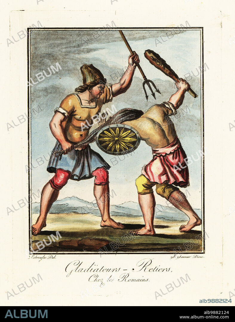A battle between gladiators in the circus, ancient Rome. A retiarius with net and trident fights a secutor armed with cudgel and shield. Both wear skirts and short trousers or sagulum gregale. Gladiateurs: Retiers chez les Romains. Handcoloured copperplate drawn and engraved by L. Labrousse, artist of Bordeaux, under the direction of Jacques Grasset de Saint-Sauveur from his Lantique Rome, ou description historique et pittoresque, Ancient Rome, or historical and picturesque description, Chez Deroy, Paris, 1796.