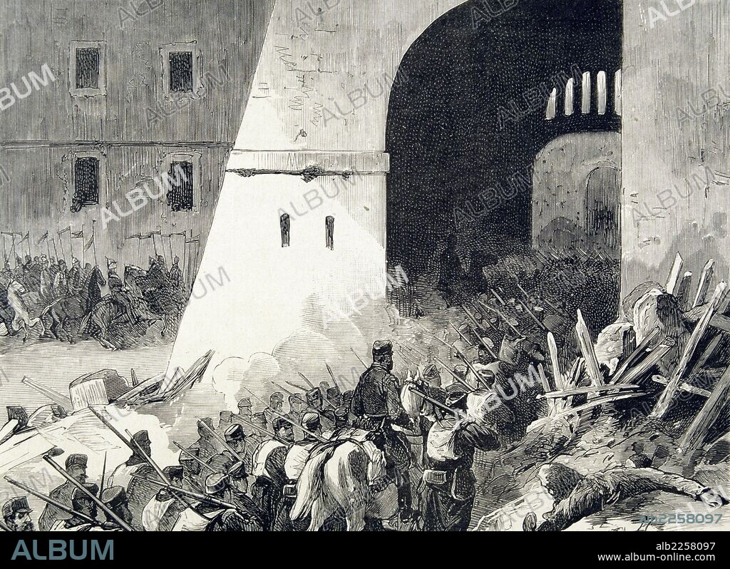 GUERRA CARLISTA. TERCERA GUERRA CARLISTA. ( 1872 - 1876 ). REINADO DE ALFONSO XII. " ENTRADA DE MARTINEZ CAMPOS EN EL CASTILLO DE MIRAVET EN TARRAGONA , AÑO 1874 ". GRABADO DE LA ILUSTRACION ESPAÑOLA Y AMERICANA.