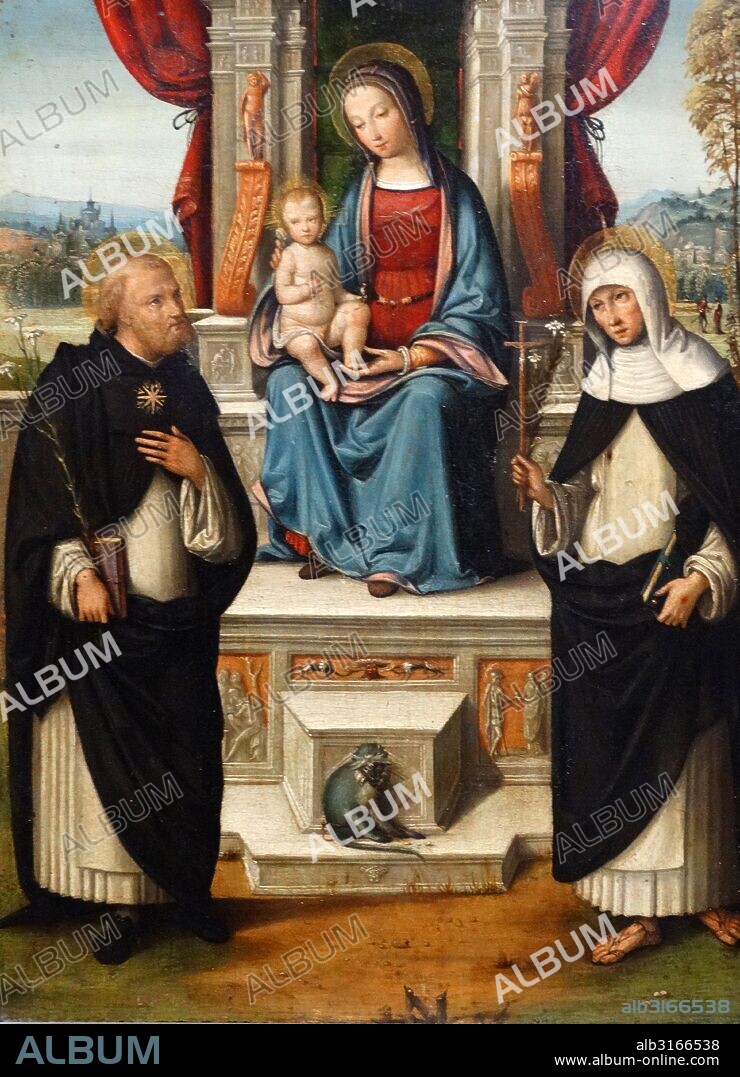 Painting titled 'The Virgin and Child with Saints Dominic and Catherine of Siena' by Benvenuto Tisi (1481-1502) Late-Renaissance-Mannerist Italian painter of the School of Ferrara. Dated 16th Century.