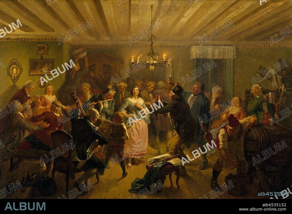 Wilhelm Wallander, The Concert at Tre Byttor, Scene from Fredman's Epistle 51, painting, 1860, oil on canvas, Height, 73 cm (28.7 inches), Width, 105 cm (41.3 inches).