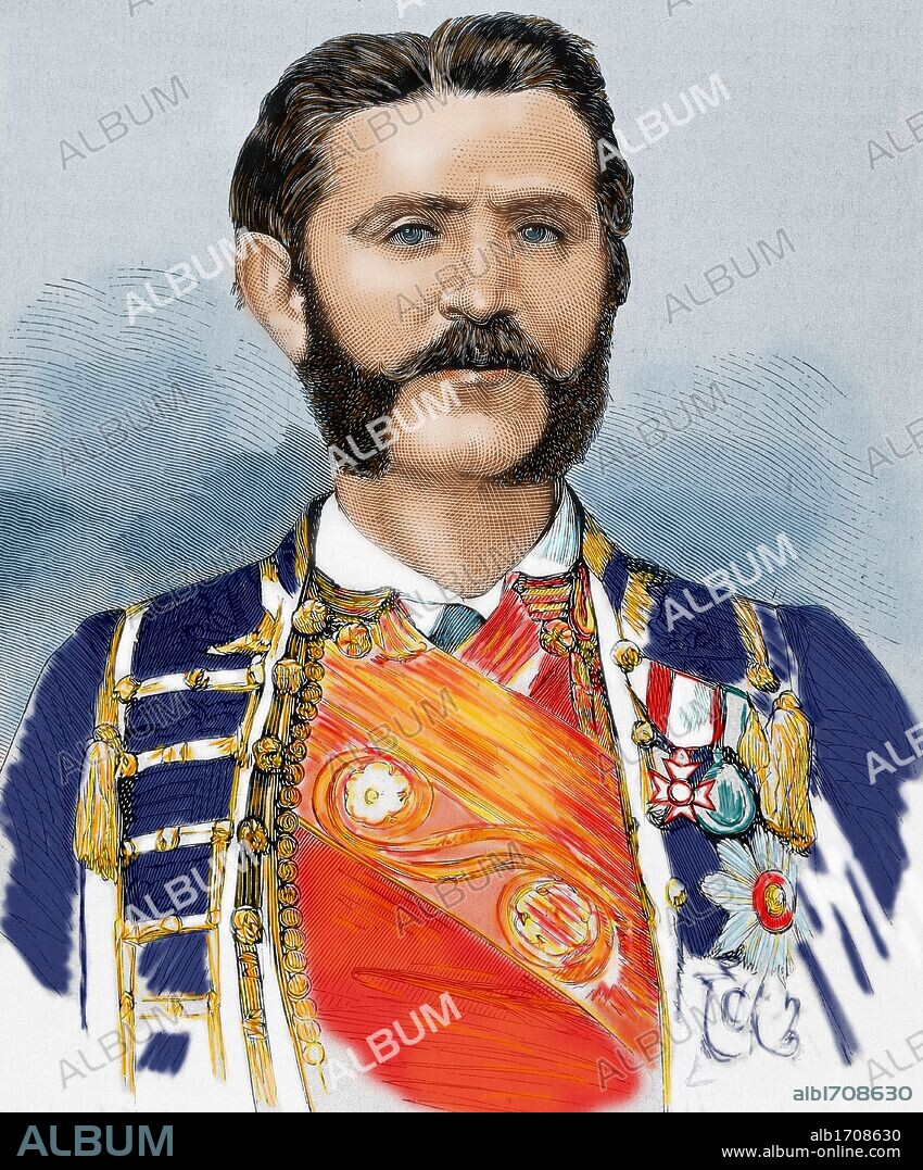 NICOLAS I (Njegos,1841-Antibes,1921). Príncipe (1860-1910) y rey de Montenegro (1910-1918), de nombre Nikola Petrovic Njegos. Accedió al trono tras el asesinato de su tío Danilo I (1860). Grabado coloreado del año 1875.