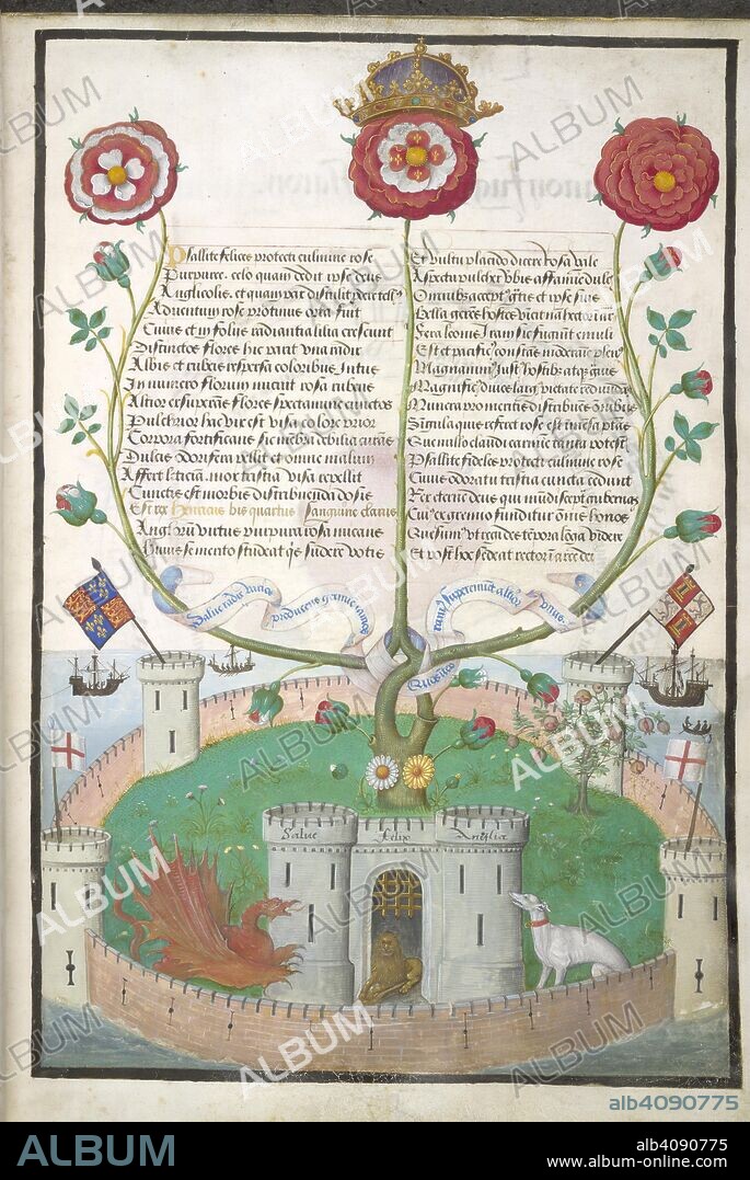 Verses with Tudor symbols. Motets. Flanders (Bruges?); circa 1516. (Whole folio) Elegiac couplets in honour of King Henry VIII celebrating the union of the Houses of York and Lancaster. The illumination shows a walled castle enclosing a rose tree and surrounded by sea. It incorporates symbols used by the early Tudors, including a dragon, lion, greyhound, pomegranate bush, daisy and marigold.  Image taken from Motets.  Originally published/produced in Flanders (Bruges?); circa 1516. . Source: Royal 11 E. XI, f.2. Language: Latin.