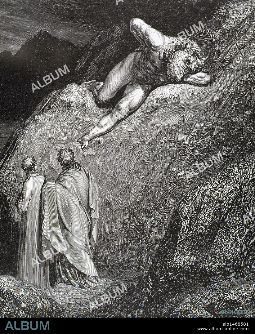 PAUL GUSTAVE DORÉ (basado en). "LA DIVINA COMEDIA". Poema escrito en toscano donde se relata el viaje de su autor, DANTE ALIGHIERI, para llegar a la CONTEMPLACION DIVINA. "Y AL BORDE DE LA CAVERNA ESTABA TENDIDO EL QUE FUE OPROBIO DE CRETA" (Infierno, c. XII). Grabado de Gustave DORE.