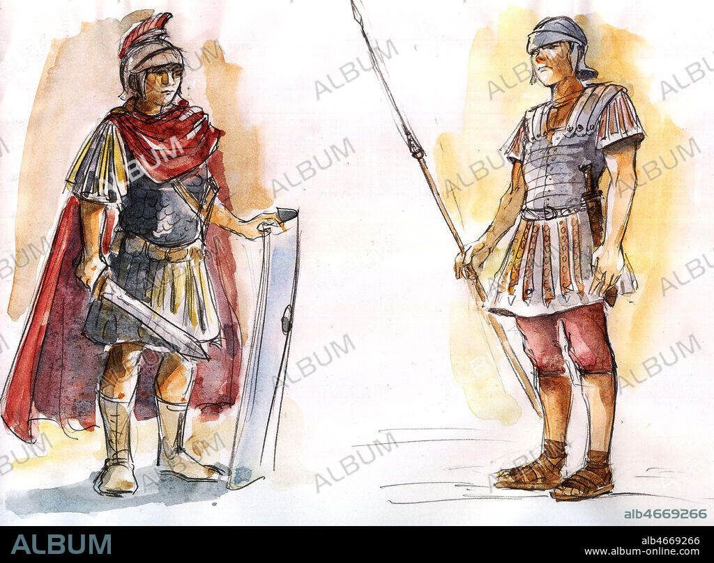 Tenue de legionnaires romains : le centurion de gauche porte une protection en cotte de mailles (environ 15 apres JC) tandis que le legioonaire a droite porte une tenue posterieure a celle de gauche comportant une cuirasse constituee de segments metalliques. Illustration de Thierry SCHNEYDER, 2007. Credit: T. Schneyder / KHARBINE-TAPABOR.