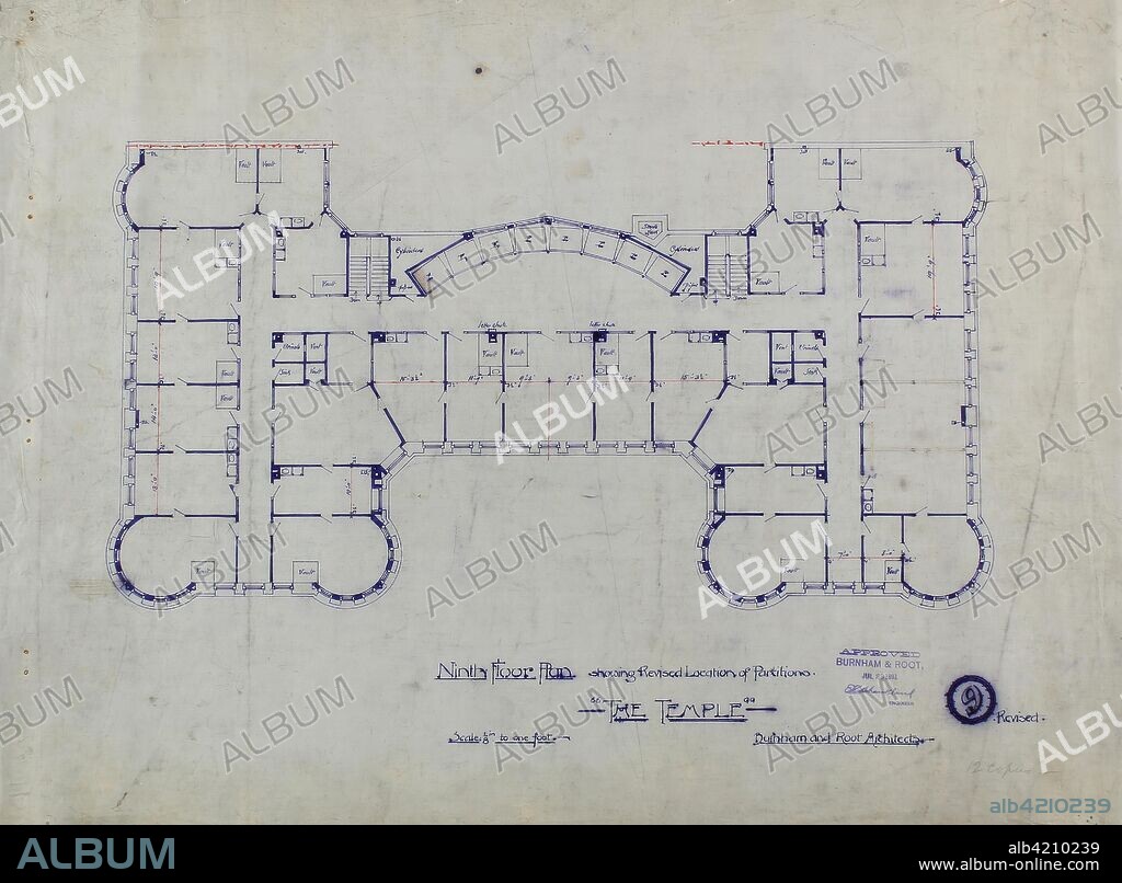 Women's Temple Building, Chicago, Illinois, Ninth Floor Plan. Burnham and Root (American, 1873-1892); Daniel Hudson Burnham (American, 1846-1912); John Wellborn Root (American, 1850-1891); E.C. Shankland (American, early 20th cen.). Date: 1891. Dimensions: 58.2 × 77 cm (22 7/8 × 30 5/16 in.). Purple and red hectograph ink on linen. Origin: LaSalle Street, 102-116 South.