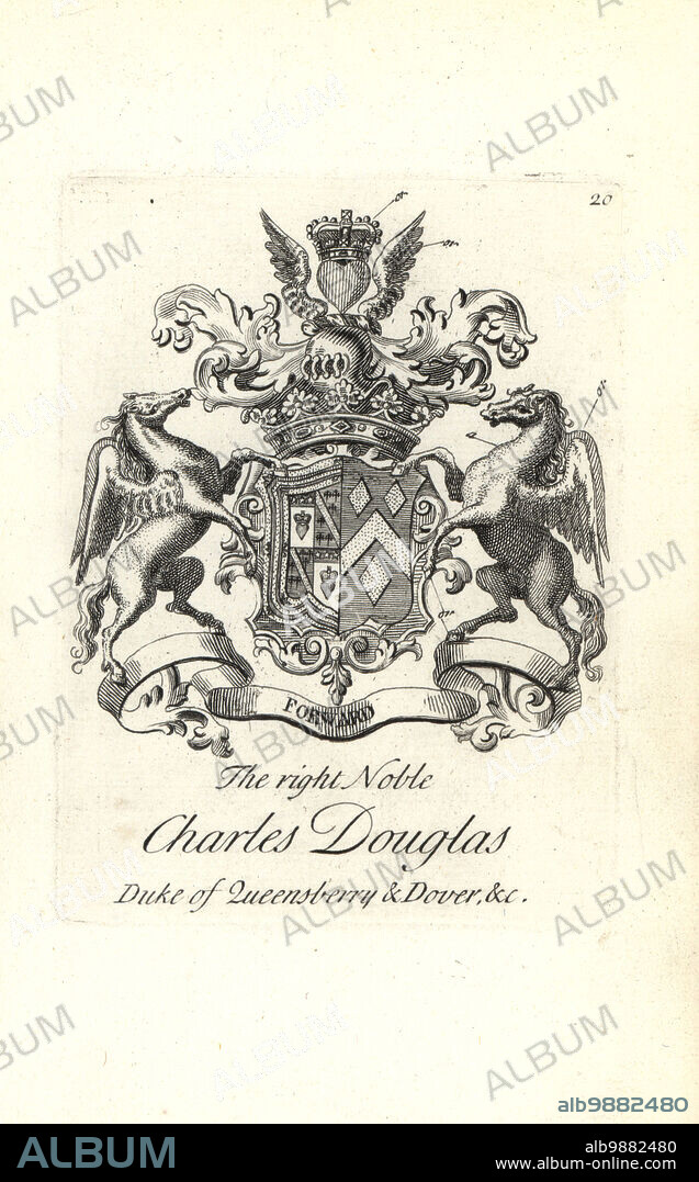 Coat of arms and crest of the right noble Charles Douglas, 3rd Duke of Queensberry and Dover, 1698-1778. Copperplate engraving by Andrew Johnston after C. Gardiner from Notitia Anglicana, Shewing the Achievements of all the English Nobility, Andrew Johnson, the Strand, London, 1724.