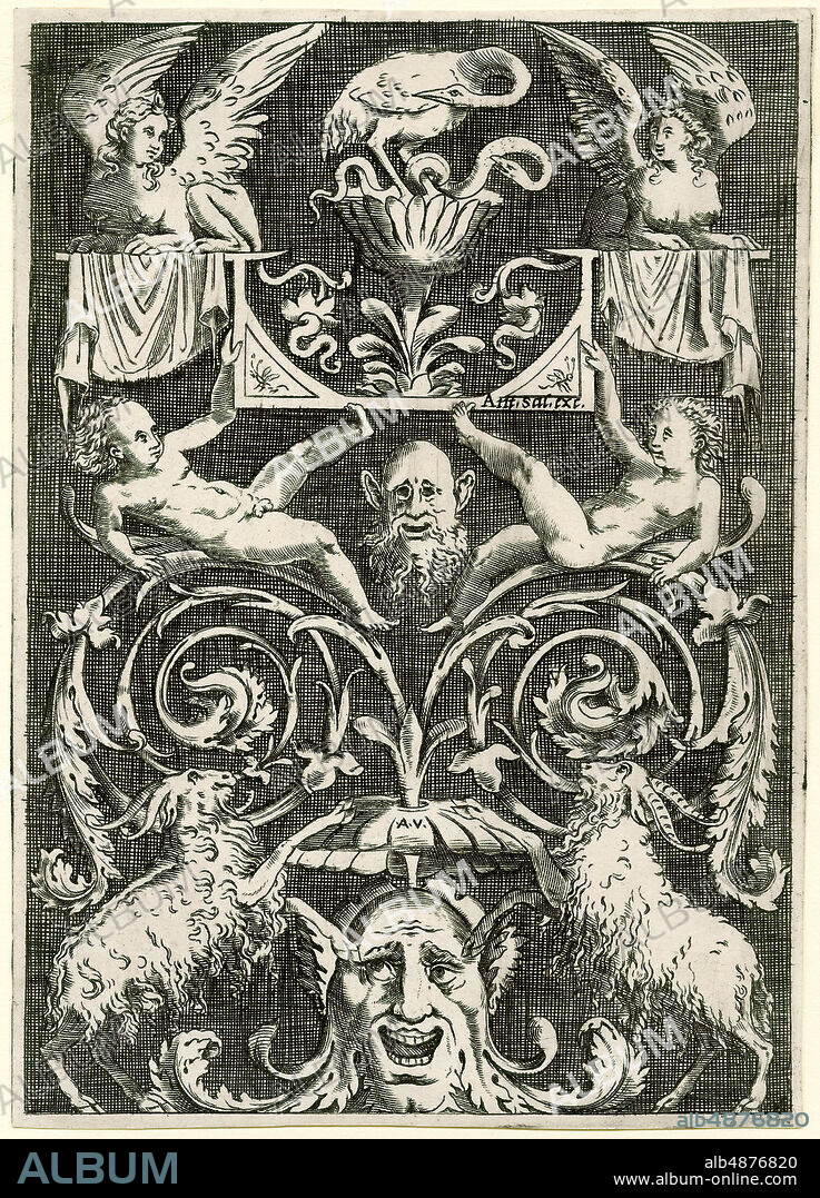 Enea Vico, A Decorative Panel in Arabesque Design, 1523-1567, engraving on paper, 5 3/4 in. x 8 in. (14.6 cm. x 20.32 cm.).