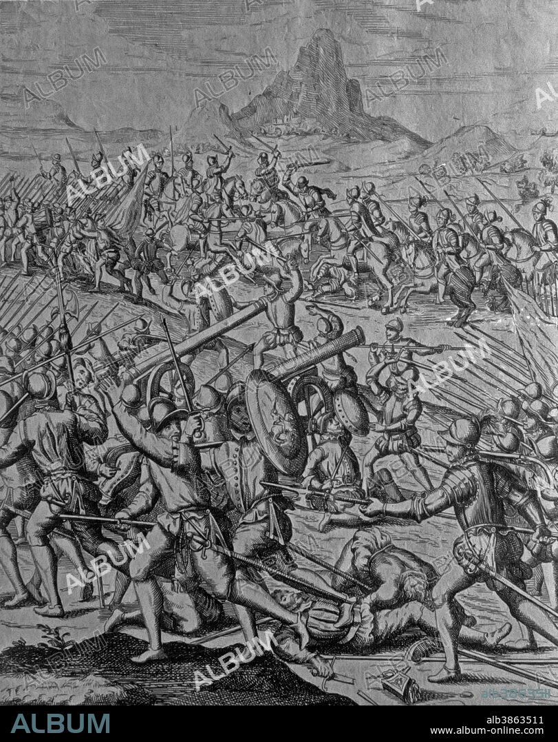 BATALLA DE CHUPAS. COMBATE QUE PUSO FIN A LAS LUCHAS ENTRE ESPAÑA Y PERU EL 16-09-1542. LOS LEALES A LA CORONA ESPAÑOLA DIRIGIDOS POR. CRISTOBAL VACA DE CASTRO DERROTARON A LOS. ALMAGRISTAS ( REBELDES ) DIRIGIDOS POR DIEGO DE ALMAGRO EL MOZO. GRABADO. BIBLIOTECA NACIONAL . MADRID.