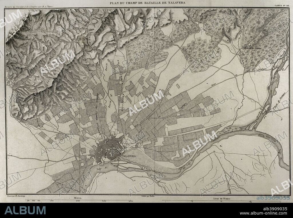 Plano del campo de la Batalla de Talavera. Enferntó al ejército francés contra el aliado (Reino Unido y España) el 28 de julio de 1809 en España. Conexto de la Guerra de la Independencia Española. Historia del Consulado y del Imperio de Napoleón (Atlas de l'Histoire du Consulat et de l'Empire). Obra de Marie Joseph Louis Adolphe Thiers (1797-1877). Dibujos realizados por Dufour y grabados por Dyonnet. Editado en París, 1864. Biblioteca Histórico Militar de Barcelona. Cataluña, España.