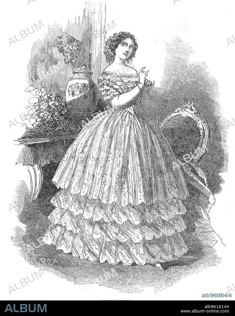 Paris Fashions for July - Opera Dress, 1850. 'The Opera Dress is of silk, with a straight upper dress, and three flounces on the cross; the body pointed, having a lace berthe, with five or six rows of lace of the like sort, but the width of which decreases at each row in approaching the point of the body'. From "Illustrated London News", 1850.