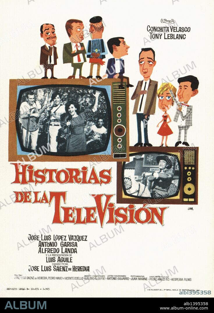Cartel de la película Historias de la Televisión, ilustrado por Jano, con Conchita Velasco, Tony Lebalanc y José Luis López Vázquez, dirigida por José Luis Sáenz de Heredia. España, 1965.