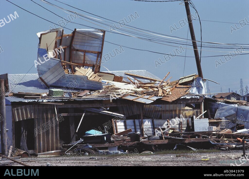 Hurricane Alicia Aftermath 8/18/83. Downtown Building damaged by hurricane. Houston, Texas.
