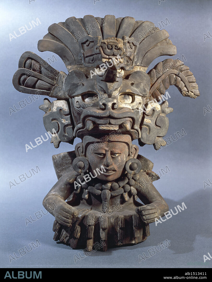 Zapotec civilization, Mexico. Polychrome ceramic funerary urn representing the god of maize.