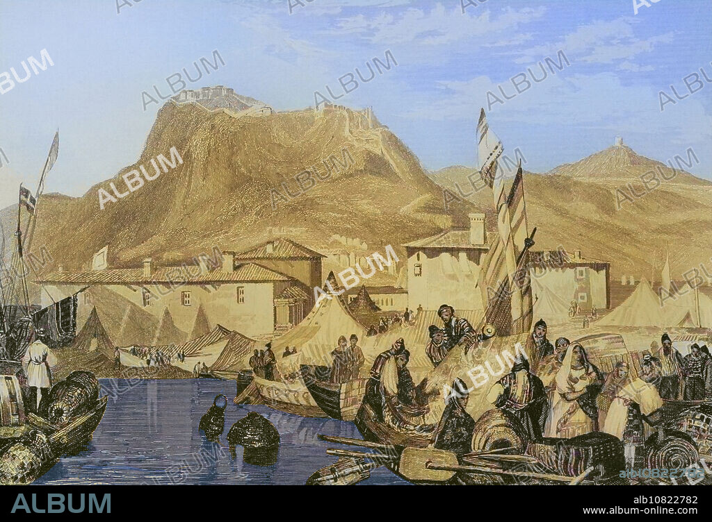 Grecia. Corinto. Puerto de Céncreas. Grabado por Aubert. Coloreado. "La Tierra Santa y los lugares recorridos por los profetas, por los apóstoles y por los cruzados". Publicada en Barcelona, imprenta de Joaquín Verdaguer, 1840.