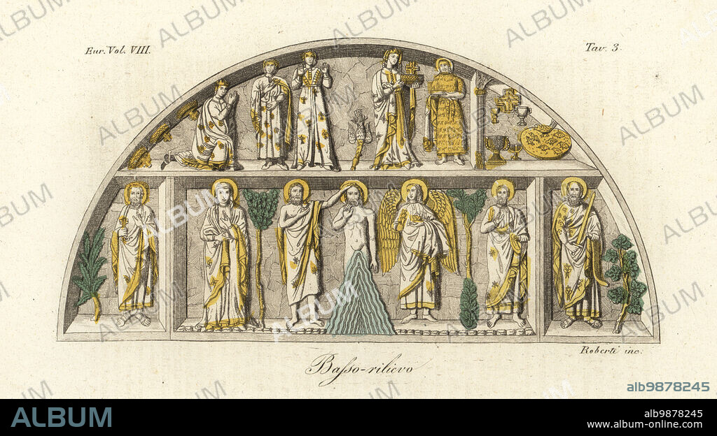 Queen Theodelinda and King Agilulf the Thuringian of the Lombards, along with saints and angels. From a bas-relief on the main door of Monza Cathedral. Basso-relievo.