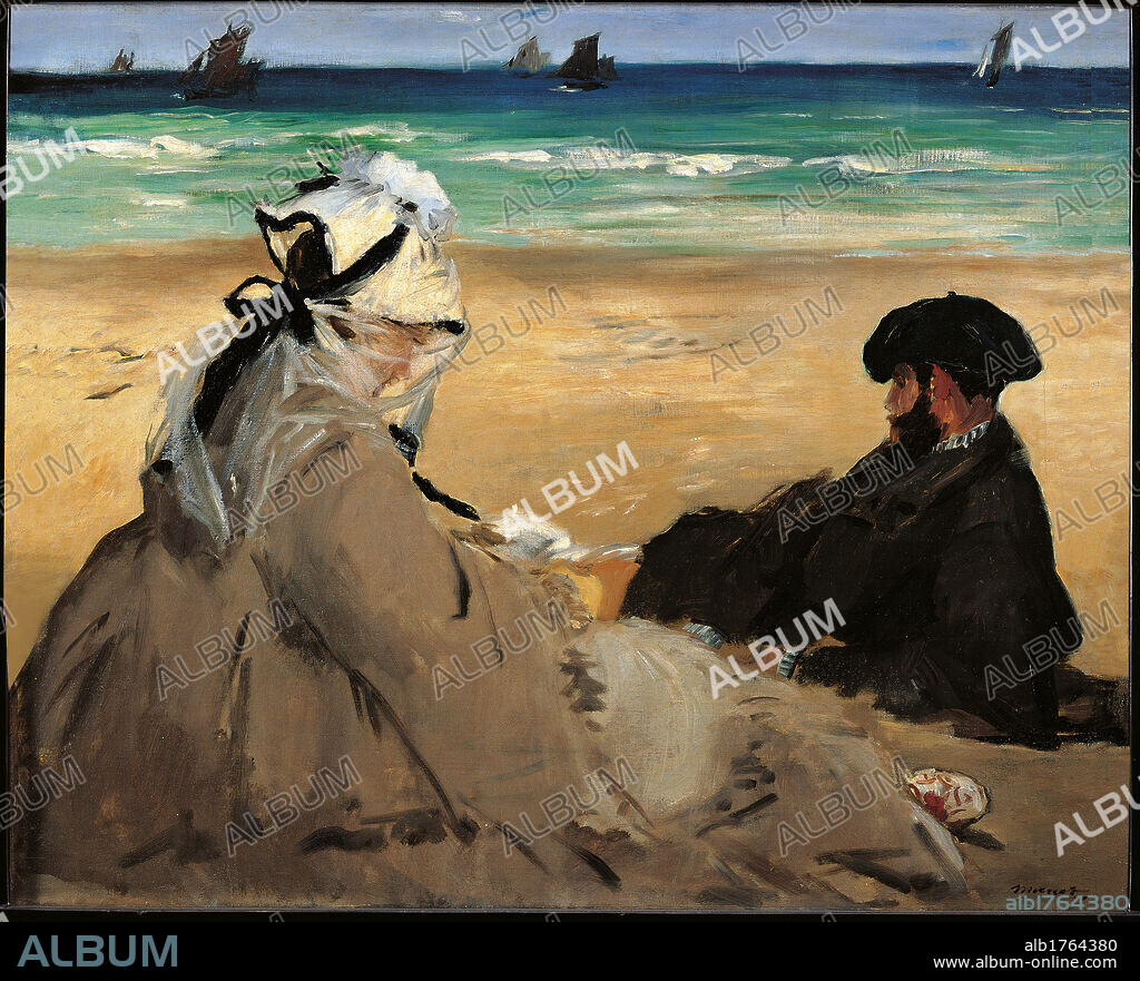 On the Beach, by Edouard Manet, 1873 about, 19th Century, oil on canvas, cm 59,5 x 73. France, Ile de France, Paris, Muse dOrsay, RF1953-24. All. Beach man dress black hat sea water sand boats veil reading.