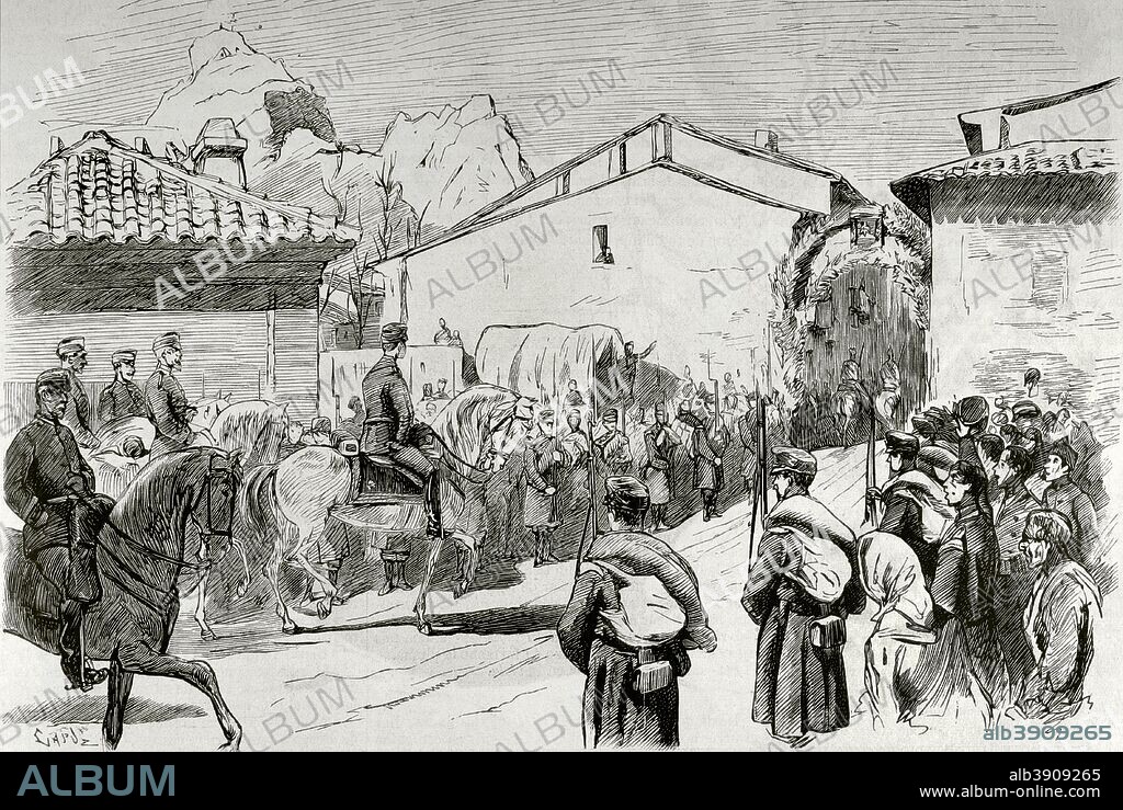 España. Tercera Guerra Carlista (1872-1876). Estella (Navarra). Entrada de S. M. el rey Alfonso XII en la población, en la tarde del 2 de marzo de 1876. Supuso el fín de la guerra. Dibujo por Pellicer. Grabado por Capuz. La Ilustración Española y Americana, 15 de marzo de 1876.