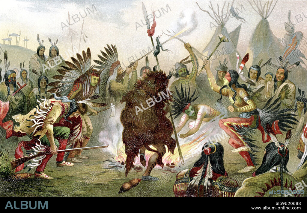 Sioux war dance, 1888. The Dakota Plains Indians of North America usually held four days of ceremonies before departing for battle. Ceremonies such as this induce a state of self hypnosis.