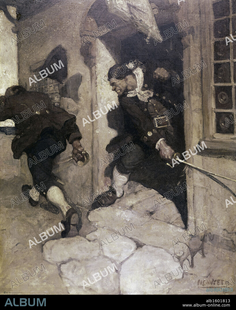 Captain Bones routs black dog by Newell Convers Wyeth from Treasure Island by Robert Louis Stevenson, oil on canvas, circa 1911, 1882-1945, USA, Pennsylvania, Chadds Ford, Brandywine River Museum.