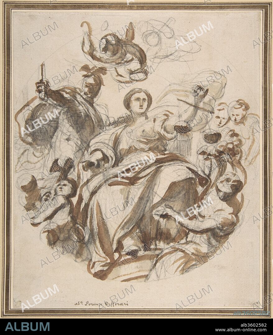 Study of Justice Dispensing Rewards to the Arts (recto); Study of a Lunette and Spandrel (verso). Artist: Lorenzo de' Ferrari (Italian, Genoa 1680-1744 Genoa). Dimensions: 9 1/2 x 7 15/16 in.  (24.2 x 20.1 cm). Date: 1680-1744.