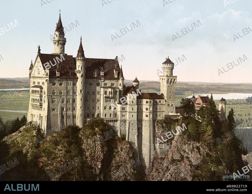 Neuschwanstein Castle; Bavaria; Germany; Historic; digitally restored reproduction of a photochrome print from the 1890s; Europe.