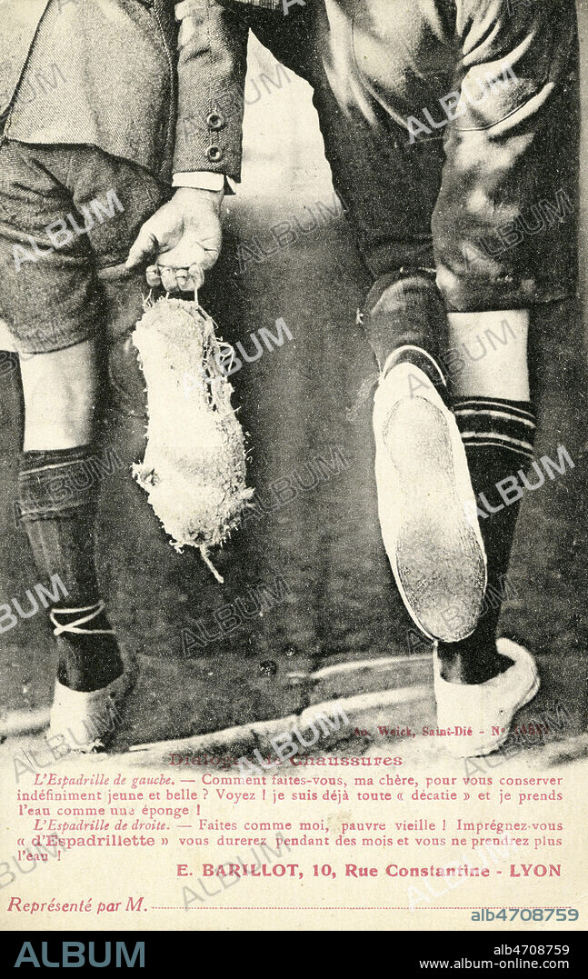 'Dialogue de chaussures. L'espadrille de gauche : comment faites-vous, ma chere, pour vous conserver indefiniment jeune et belle ?.... L'espadrille de droite : impregnez-vous d'Espadrillette, vous durerez pendant des mois...' Photographie anonyme pour une carte postale publicitaire vers 1910. Credit : Collection IM/KHARBINE-TAPABOR.