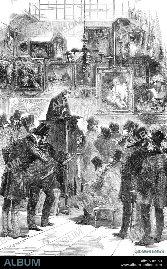 HENRY DUFF LINTON. Picture Sale at Messrs. Christie and Manson's, King-Street, St. James's, [London], 1856. '...one of the great attractions of every London season; for to the man of art, letters, and leisure, "Christie's" is as much a national establishment and favourite lounge as the Royal Academy or the Opera. We are compelled, by pressure of the week's news, to defer until next week an historical résumé of  the important collections which have been dispersed in the room in King-street by Messrs. Christie and Manson, and by their predecessors. We shall add, at present, that the accompanying Illustration has been recently sketched, and contains portraits of well-known habitués of the rooms'. From "Illustrated London News", 1856.