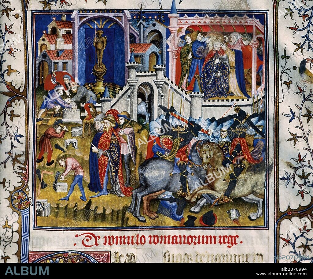 PETRARCA, Francesco (Arezzo, 1304-Arquà, Padua, 1374). Escritor italiano. Manuscrito nº26. Códice del siglo XIV. "ROMULO ROMANO REGNORUM". (FUNDACION DE ROMA). Miniatura del folio 4v. Biblioteca de la Universidad de Valencia. España.
