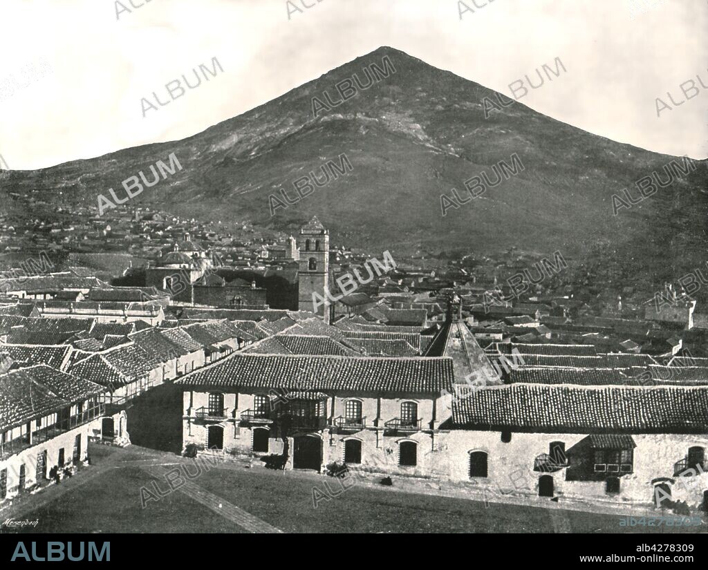 The city and the mountain, Potosi, Bolivia, 1895. The Cerro Rico, ((Spanish for 'rich mountain'), was the principal source of silver for Spain during the period of the Spanish Empire. The city of Potosi became one of the largest in the New World, but, by the beginning of the 19th century, the silver mines were depleted. From "Round the World in Pictures and Photographs: From London Bridge to Charing Cross via Yokohama and Chicago". [George Newnes Ltd, London, 1895].