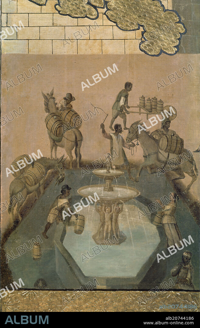 EL PALACIO DE LOS VIRREYES - BIOMBO MEXICANO - SIGLO  XVII - DETALLE DE LA FUENTE.