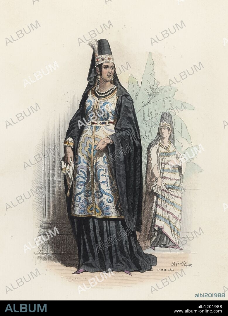 Mujeres árabes, en la Edad Moderna. Grabado en color de 1870.