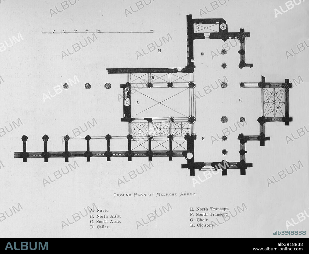 'Ground Plan of Melrose Abbey', 1897. From The Ruined Abbeys of Britain by Frederick Ross. [William Mackenzie, London, 1897].
