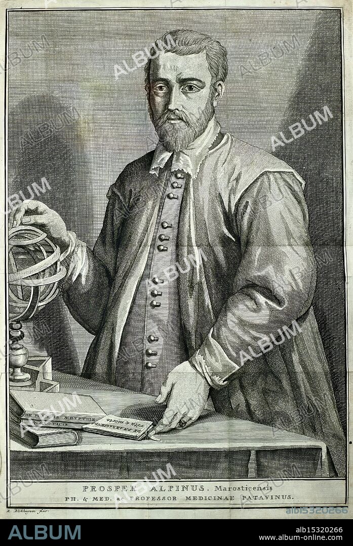 Prosperi Alpini Marosticensis, Philosophi, Medici, In Celeberrimo Lyceo Patavino Pharmaciae Professoris Ordinarii, Hortique Medici Praefecti, Historiae Aegypti Naturalis Lugduni Batavorum, Apud Gerardum Potuliet, MDCCXXXV [1735], Botany, Early Works, Egypt, Natural History, Pre-Linnean Works, Social Life and Customs, Portraits, Prospero Alpini, Prosper Alpinus, Prospero Alpinio, Prosperus Alpinus, Botanist, Physician, A detailed depiction of a 16th-century scholar named Prospero Alpini. He is presented with a thoughtful expression, dressed in a distinguished robe adorned with decorative fastenings. In one hand, he holds an armillary sphere, symbolizing his interest in astronomy and navigation. The table in front of him features various scientific texts and instruments, reflecting his role as a professor of medicine in Padua. The background contains subtle details that suggest a scholarly environment, emphasizing his contributions to the fields of medicine and botany.