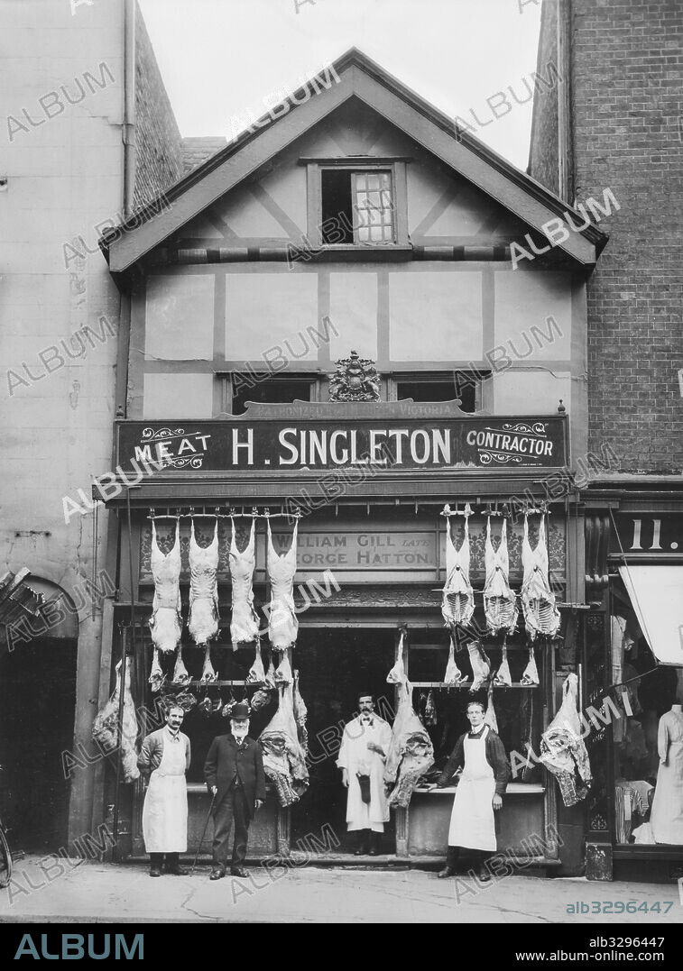 Singletons Butcher Shop in Bridge St Showing Meat Hanging Outside. Warrington, Bridge Street  - 1913.