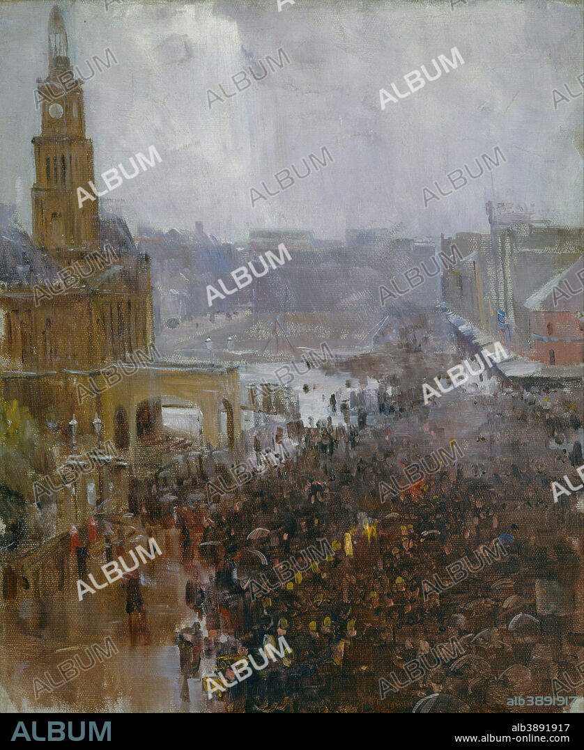 ARTHUR STREETON. Fireman's funeral, George Street. Date/Period: 1894. Painting. Oil on canvas. Height: 661 mm (26.02 in); Width: 604 mm (23.77 in).