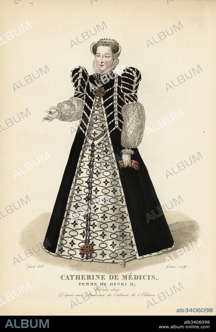 Catherine de Medici, Queen of France, wife of King Henry II, 1519-1589. She wears a jeweled cap, lace ruff collar, surtout with high shoulder pads and lace sleeves open to the breast to show an embroidered corset and petticoat. After a miniature in the editor's collection. Handcoloured copperplate engraving by Georges Jacques Gatine after an illustration by Louis Marie Lante from Galerie Francaise de Femmes Celebres, Paris, 1827.