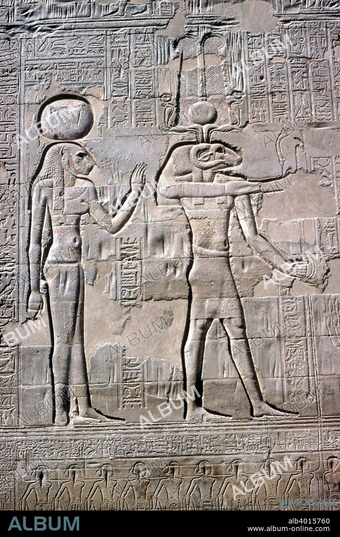 Detail of a relief of Sekhmet (a local form of Tefnut: lioness-headed) and Knum (ram-headed), Temple of Khnum, Esna, Egypt, Ptolemaic and Roman Periods.