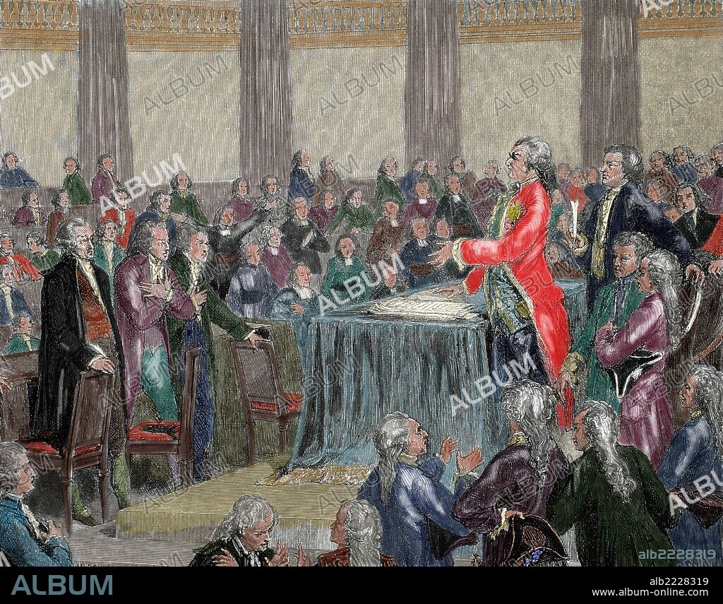 Frech Revolution 1787-1799.  Louis XVI was forced to adopt the Constitution of 1791 by the National Assembly. Engraving by Meyer Heine, 1900. Colored.