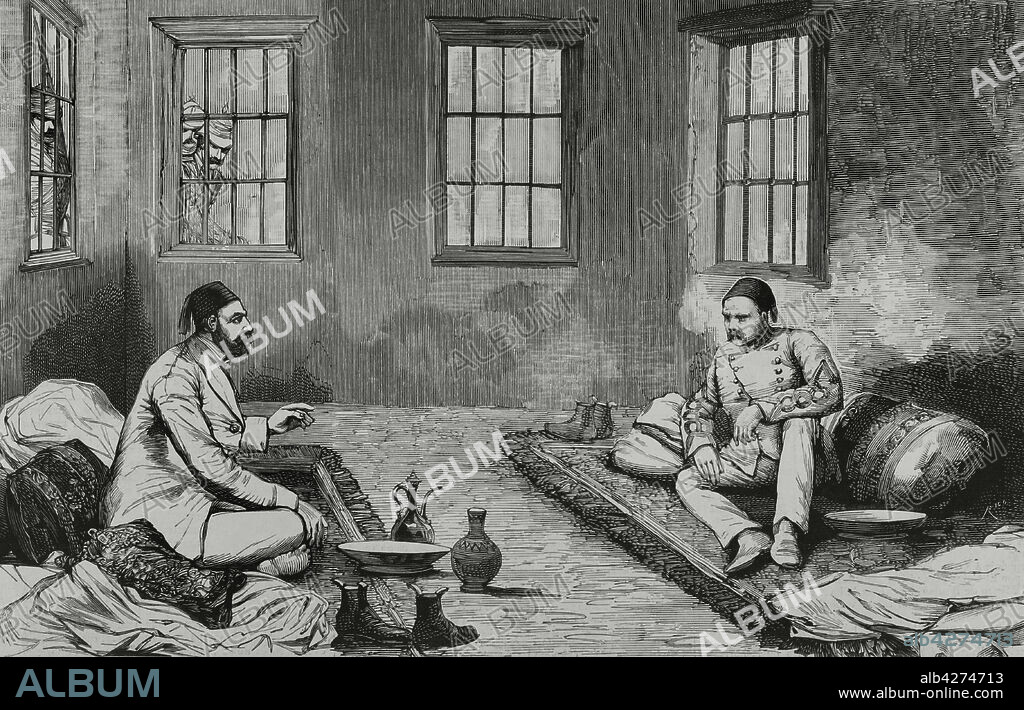 Amhed al-Arabí o Arabí Pasha (1841-1911). Militar y líder nacional egipcio contrario a los ingleses. Tras la batalla de Tel-el-Kebin fue hecho prisionero por los británicos. Egipto. El Cairo. Arabi-Pasha y Tulba-Pacha en las prisiones del cuartel de Abbassiyeh. Grabado. La Ilustración Española y Americana, 15 de octubre de 1882.