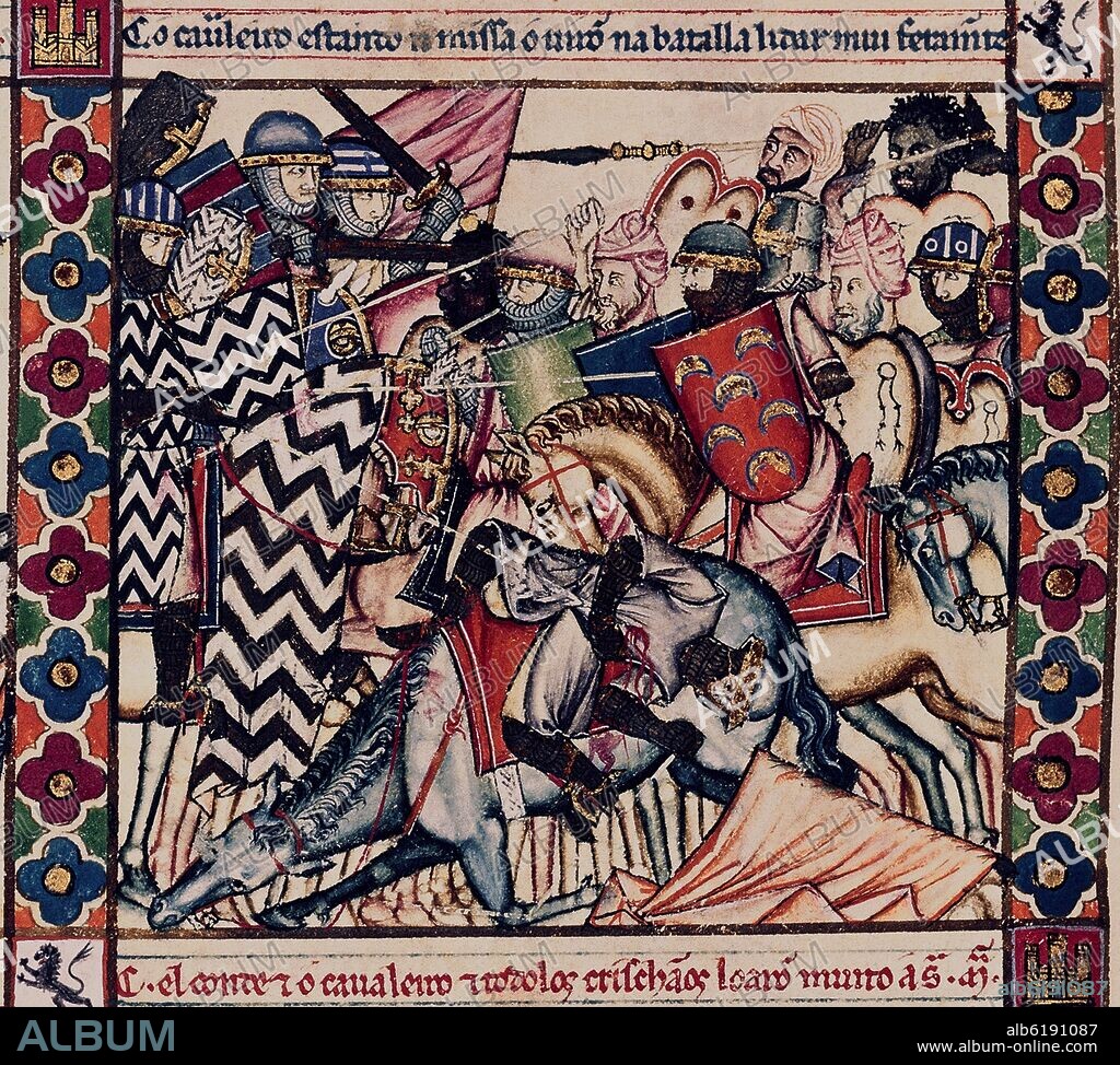 ALFONSO X DE CASTILLA EL SABIO. MTI1-CANTIGA DE SANTA MARIA Nº63-F92R-LA VIRGEN SALVA A UN CABALLERO EN LA BATALLA DE SAN ESTEBAN DE GORMAZ-2ª VIÑETA DE LA 2ª FILA-Cj 18938.