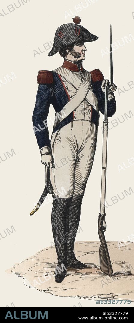 Francia. Uniforme militar. Cazador de la Guardia Nacional en 1815. Grabado de 1850.